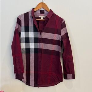 Burberry Burgundy and Black Plaid Cotton Shirt